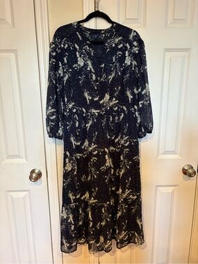 Kaari Blue Navy & Cream Printed Long Sleeve Midi Dress